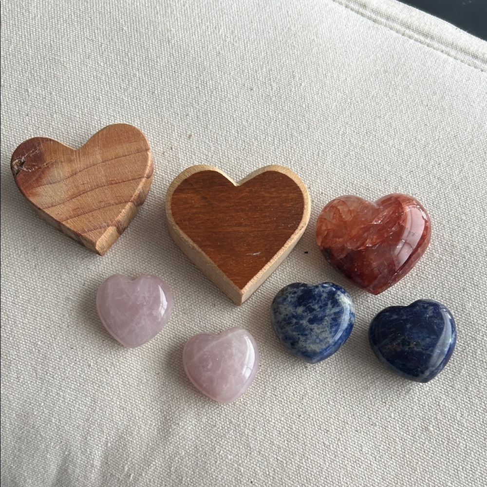 Collection of Hearts - Refurbished Wood/Sodalite, Rose and Hematoid Fire Quartz
